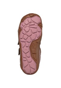 Brown and pink rubber shoe sole with a textured grip, featuring a pattern of rounded shapes and the number "28" embossed on the side.