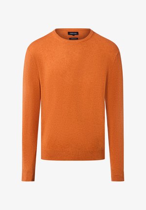 Oranges Strickpullover mit Rundhalsausschnitt, langen Ärmeln und glatter Textur. Hat ein einfaches, einfarbiges Design ohne Muster oder Akzente.