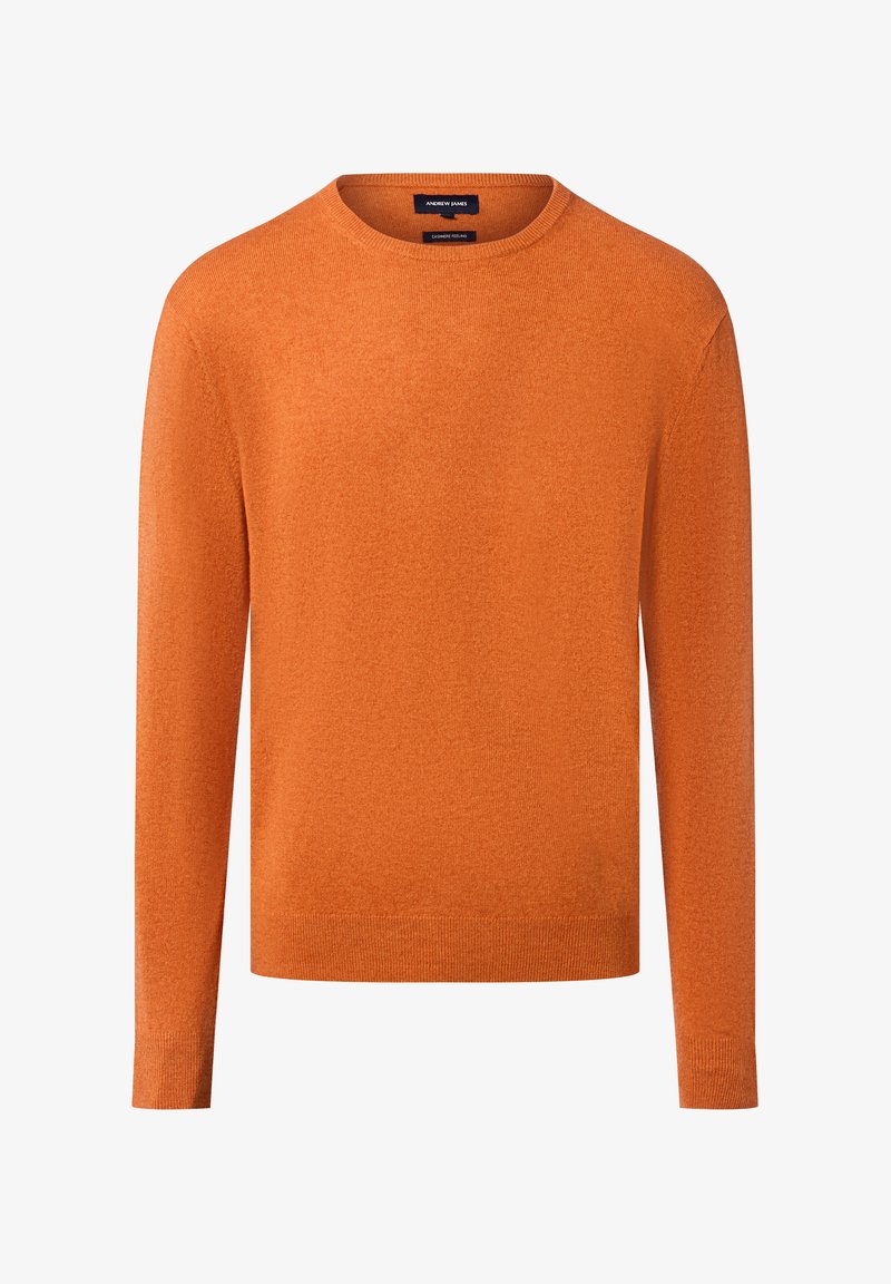 Maglione lavorato a maglia arancione con scollo rotondo, maniche lunghe e una texture liscia. Presenta un design semplice e uniforme, privo di pattern o dettagli.