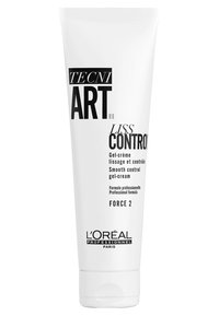 Witte tube met een flip-top, gelabeld "TECNI ART LISS CONTROL." Tekst in het zwart; "Gel-crème lissage et contrôle," professionele formule, Kracht 2.