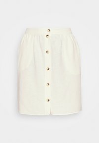 Saia de linho em off-white com cintura ajustada, apresentando um fecho frontal com botões em tom dourado e um corte em A até ao joelho.