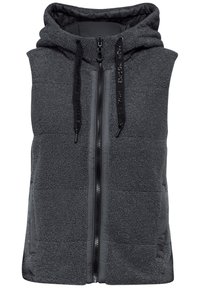 Gilet in felpa grigia con cappuccio, dotato di chiusura con zip e cordini neri. Il materiale presenta una superficie morbida e texture con tasche laterali.