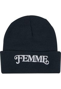 Granatowa dzianinowa czapka z mankietem. Posiada białe haftowane napisy "FEMME" w dekoracyjnym kroju na mankiecie.