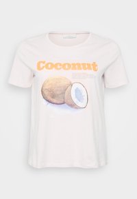 Light pink cotton t-shirt featuring a coconut graphic in brown and blue, with "Coconut" text in bold orange. Short sleeves, round neckline.