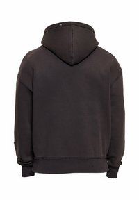 Sweat à capuche marron foncé vu de dos avec manches longues et poignets et ourlet côtelés, design uni avec deux petits clous sur la capuche.