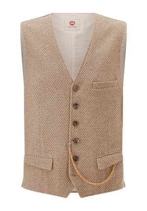 Beige strukturierte Herrenweste mit fünf Knöpfen, einer kleinen Brusttasche, zwei Klappentaschen und einer dekorativen Holzperlenkette.