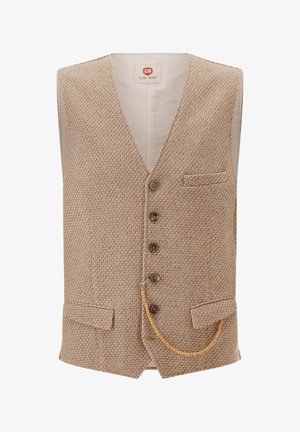 Beige strukturierte Herrenweste mit fünf Knöpfen, einer kleinen Brusttasche, zwei Klappentaschen und einer dekorativen Holzperlenkette.