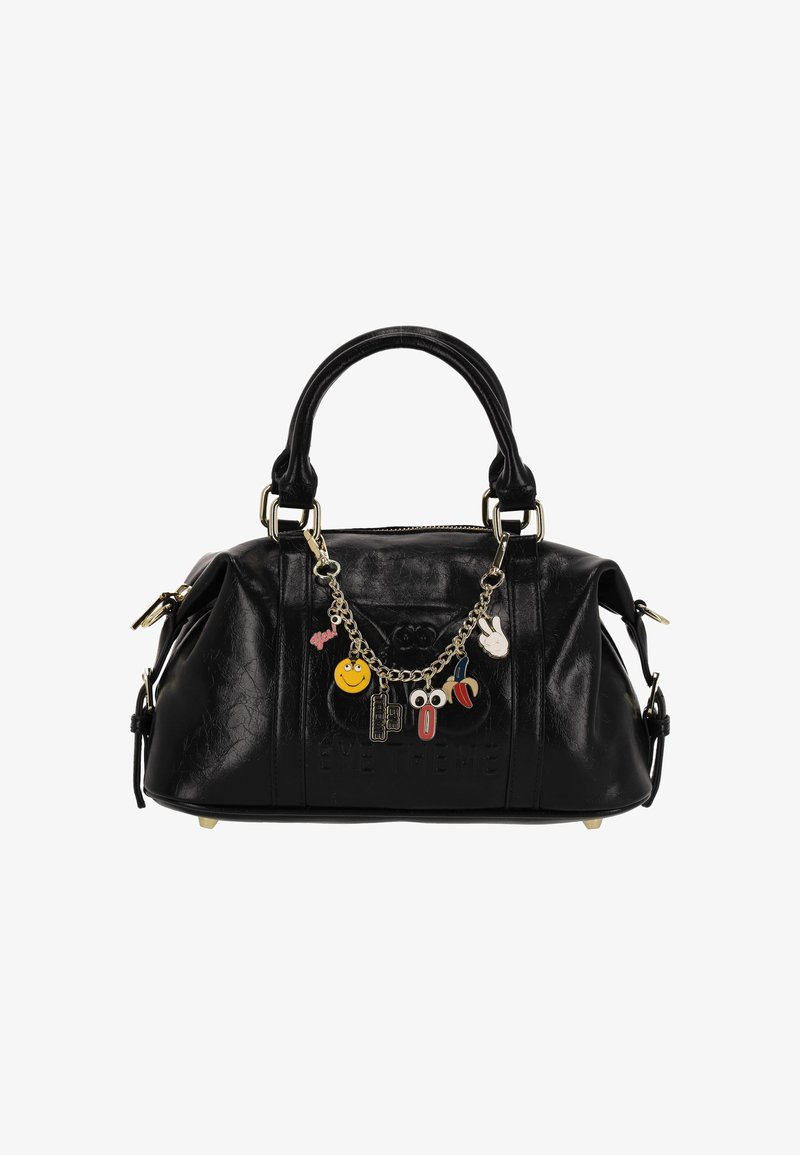 Geantă de mână din piele neagră, texturată, cu două mânere, având o lanț decorativ cu farmec și accente colorate, plus detalii cu modele.