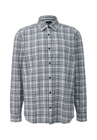 Szara i biała koszula w kratę z długim rękawem, z kołnierzykiem na guziki, ozdobiona czarnymi guzikami i miękką fakturą tkaniny.