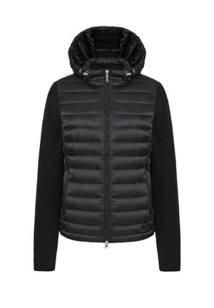 Giubbotto imbottito nero con parte anteriore trapuntata, maniche in maglia e cappuccio. Pattina frontale con zip e hardware argentato, e polsini elastici.