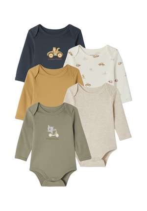 Vier Langarm-Bodysuits: marineblau, senfgelb, creme mit Mustern und olivgrün mit Tiergrafiken, aus weichem, dehnbarem Stoff gefertigt.