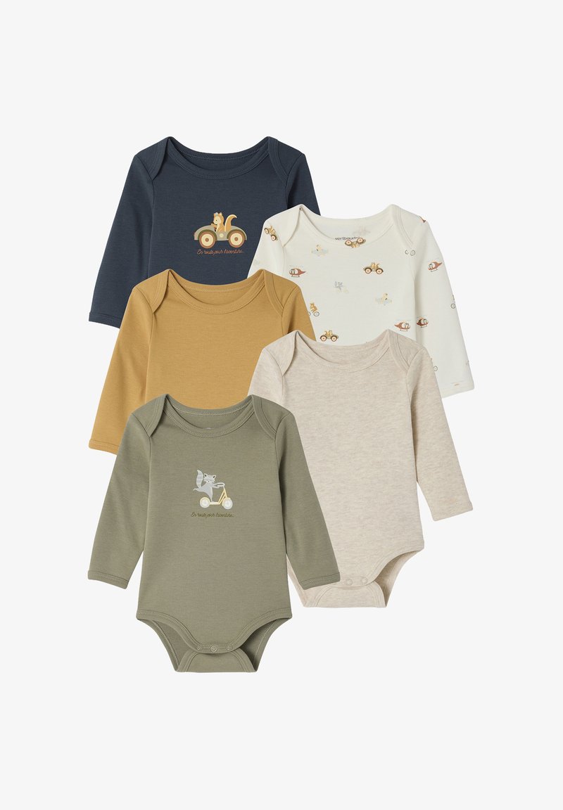 Vier Langarm-Bodysuits: marineblau, senfgelb, creme mit Mustern und olivgrün mit Tiergrafiken, aus weichem, dehnbarem Stoff gefertigt.