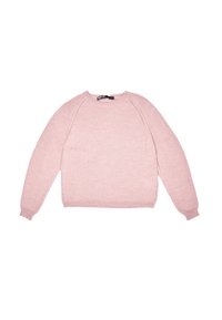 Maglione lavorato a maglia di un rosa chiaro, colletto rotondo, maniche lunghe, orlo e polsini a coste, con dettagli a occhio lungo le cuciture laterali.