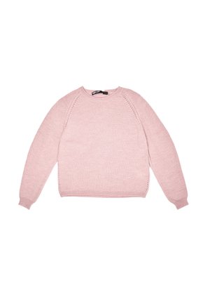 Lichtroze gebreide sweater, ronde halslijn, lange mouwen, geribbelde zoom en manchetten, heeft oogjesdetails langs de zijnaad.