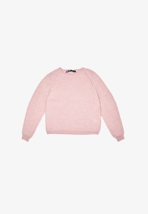Maglione lavorato a maglia di un rosa chiaro, colletto rotondo, maniche lunghe, orlo e polsini a coste, con dettagli a occhio lungo le cuciture laterali.