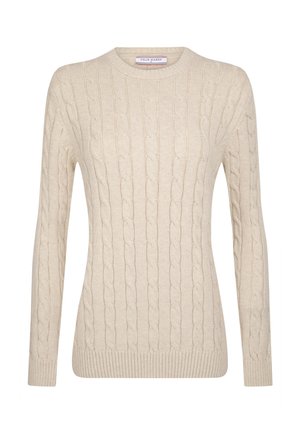 Suéter de punto beige con cuello redondo y mangas largas. Presenta puños y dobladillo acanalados, exhibiendo un patrón texturizado en todo el tejido.
