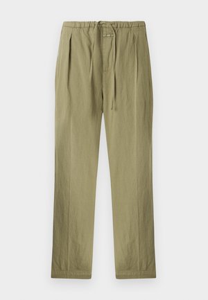 Light olive green trousers made of cotton, featuring a drawstring waistband, pleats, and straight-leg design. Soft texture with minimal accents.