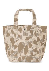 Beżowa torba na zakupy z płótna z wzorem w kamuflaż w jasnobrązowych i taupe'owych odcieniach. Posiada dwie solidne rączki oraz czarne zapięcie na zatrzask.