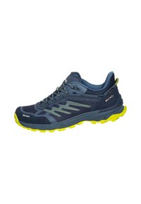 Marineblaue Trailrunning-Schuhe mit limettengrünen Akzenten, ausgestattet mit einem Mesh-Obermaterial, verstärkter Zehenkappe und strukturiertem Gummi-Außensohle für besseren Halt.