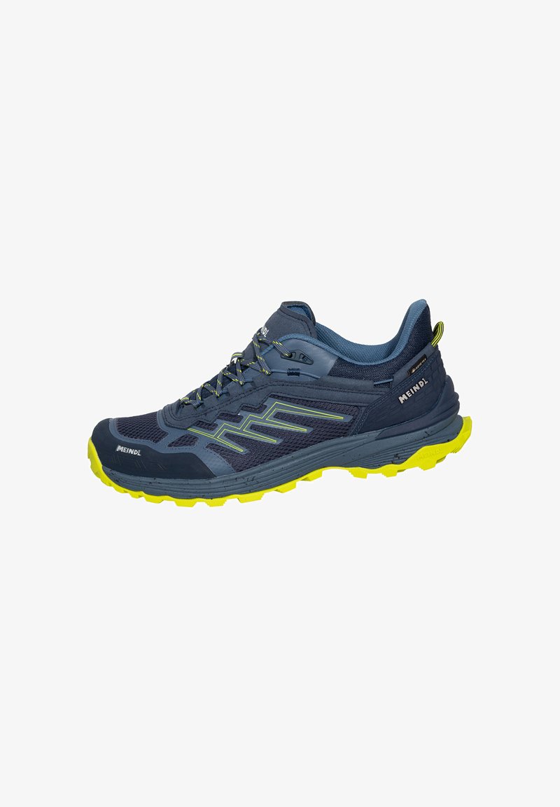 Marineblaue Trailrunning-Schuhe mit limettengrünen Akzenten, ausgestattet mit einem Mesh-Obermaterial, verstärkter Zehenkappe und strukturiertem Gummi-Außensohle für besseren Halt.
