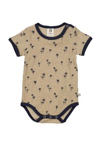 Krátký rukáv béžový overal s námořnickými akcenty, s motivem palmových stromů a patentkami na rameni a v dolní části.