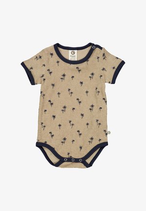 Beżowy bodziak z krótkim rękawem w granatowe akcenty, z wzorem palm i zapięciem na napy na ramieniu i dole.