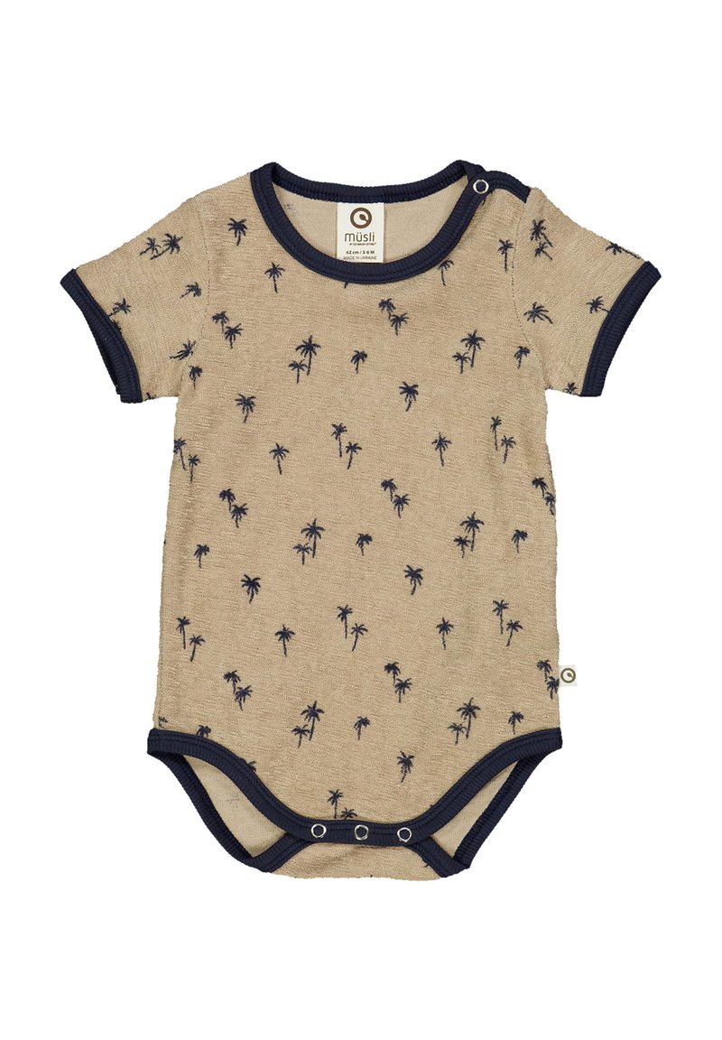 Krátký rukáv béžový overal s námořnickými akcenty, s motivem palmových stromů a patentkami na rameni a v dolní části.