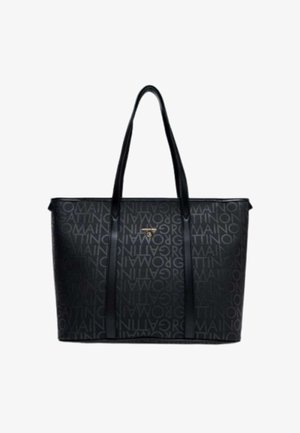 Borsa tote nera con manici lunghi, caratterizzata da un motivo a testo ripetuto "GATTINONI ROMA" e una piccola targhetta logo metallica sul davanti.