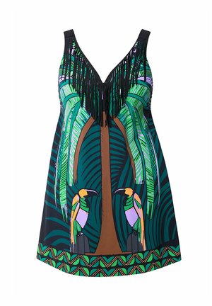 Abito senza maniche con un design tropicale caratterizzato da foglie di palma verdi, uccelli e frange nere. I colori vivaci includono verde, marrone e viola.