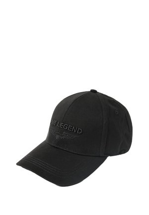 Zwarte baseballpet van katoen, voorzien van een geborduurd "LEGEND" logo en vleugeldetail aan de voorkant. Gebogen klep en gestikte accenten.