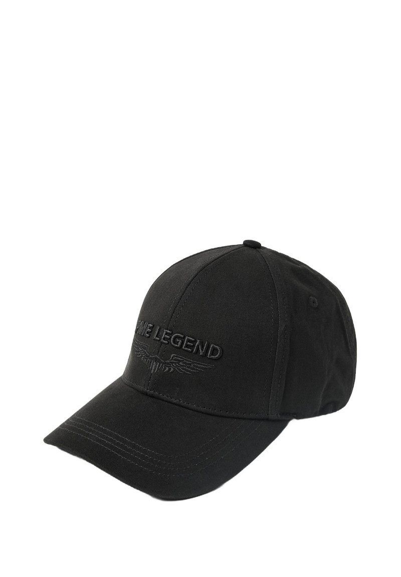 Casquette de baseball noire en coton, ornée d'un logo "LEGEND" brodé et d'un détail d'aile à l'avant. Visière courbée et accents cousus.
