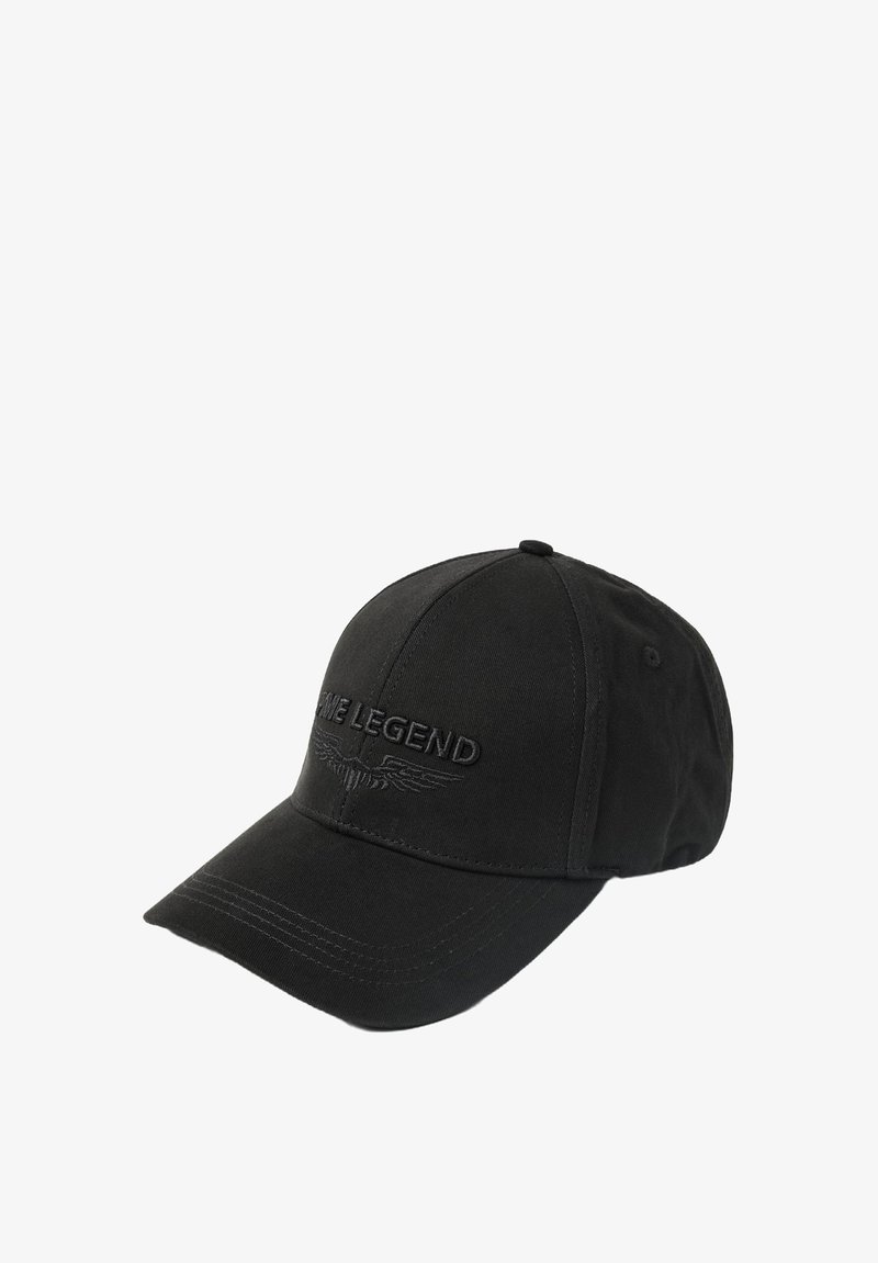 Casquette de baseball noire en coton, ornée d'un logo "LEGEND" brodé et d'un détail d'aile à l'avant. Visière courbée et accents cousus.