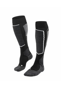 Calze fino al ginocchio realizzate con un mix di materiali neri e grigi, con accenti imbottiti, zone testurizzate e dettagli in bianco a contrasto.