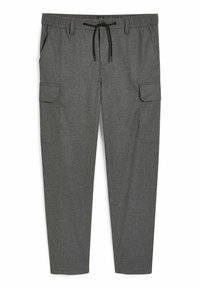 Szare spodnie cargo z elastycznym pasem i sznurkiem do regulacji, wyposażone w dwie kieszenie boczne oraz kieszeń naszywaną na udzie. Miękka, teksturowana tkanina.