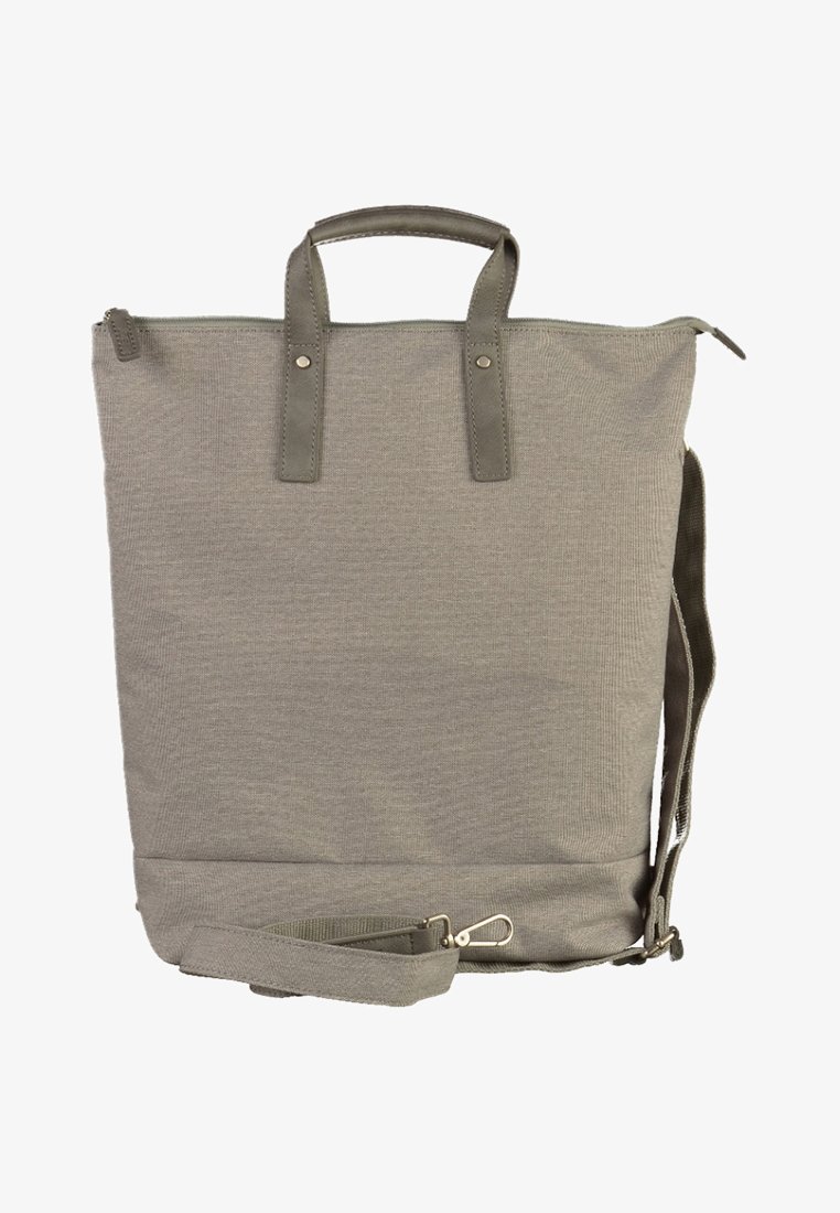 Gray fabric backpack with two top handles, a detachable shoulder strap, and a zippered compartment at the bottom for extra storage.