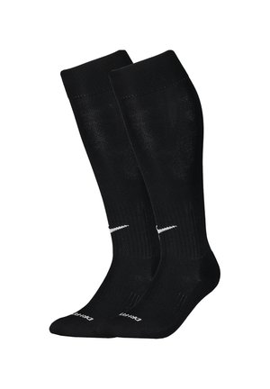 Par sorte knæhøje sportssokker med hvidt swoosh-logo og teksten "Dri-FIT" på tæerne.