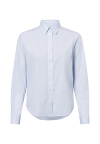 Light blue checkered button-up shirt with a collar, long sleeves, and a rounded hem. Made of cotton with white buttons and a subtle logo.