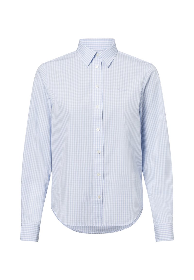 Light blue checkered button-up shirt with a collar, long sleeves, and a rounded hem. Made of cotton with white buttons and a subtle logo.