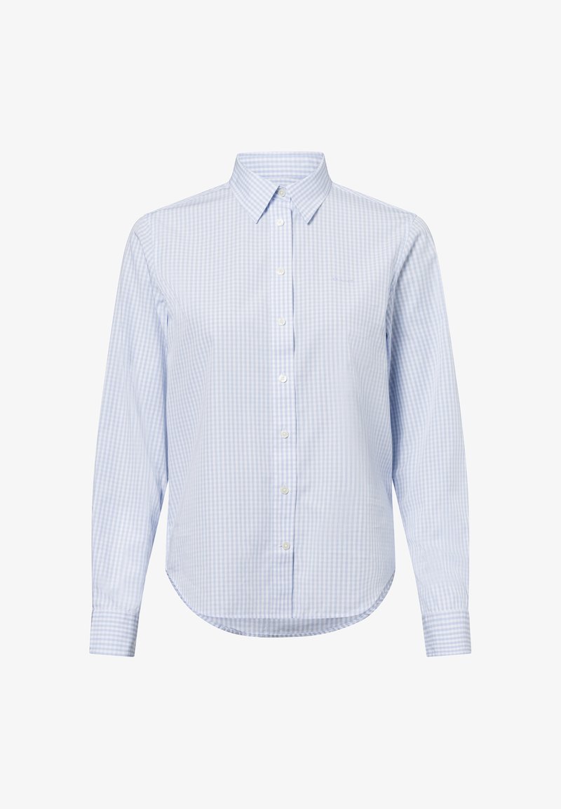 Light blue checkered button-up shirt with a collar, long sleeves, and a rounded hem. Made of cotton with white buttons and a subtle logo.
