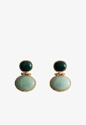 Boucles d'oreilles encadrées d'or avec deux pierres ovales chacune : une plus petite vert foncé en haut et une plus grande vert clair en bas, centrées sur fond blanc.