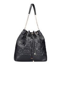 Sac seau en cuir noir avec un motif floral embossé, une bandoulière en chaîne dorée, une fermeture à cordon et un petit logo sur le devant en bas.