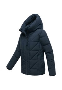 Marineblauwe pufferjack met een hoge, oversized capuchon, doorgestikt patroon, rits aan de voorkant en elastische manchetten. Voorzien van zijzakken.
