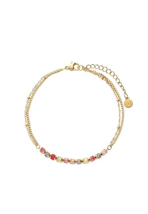 Bracelet chaîne en or avec de petites perles multicolores en rose, rouge, violet et or, doté d'un fermoir réglable et d'une chaînette d'extension.