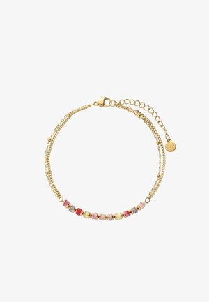 Gold chain bracelet with multicolored small beads in pink, red, purple, and gold, featuring an adjustable clasp and extender chain.