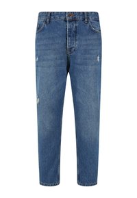 Jeans de mezclilla azul claro con corte recto, que presentan un ligero desgaste y un estilo tradicional de cinco bolsillos. Cierre de botón de metal en la cintura.