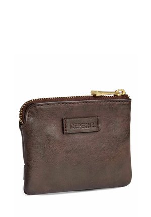 Brown leather zippered coin pouch with gold zipper and stitched "DEPECHE" logo patch on front.