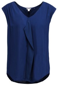 Granatowa, bezrękawnikowa bluzka z dekoltem w kształcie litery V, z eleganckim przodem, miękkiego materiału i zaokrąglonym dołem dla luźniejszego fasonu.