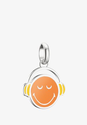Silver charm shaped like a smiley face, featuring an orange smiley with closed eyes and yellow headphone accents. Smooth, glossy finish.