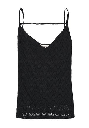 Débardeur noir avec un motif zigzag texturé, des bretelles fines et réglables, et un ourlet festonné avec des détails ajourés.