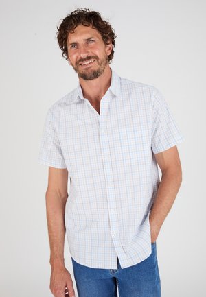 Mann mit lockigem Haar und Bart, trägt ein weißes kurzärmeliges kariertes Hemd und blaue Jeans, steht mit einer Hand in der Tasche.